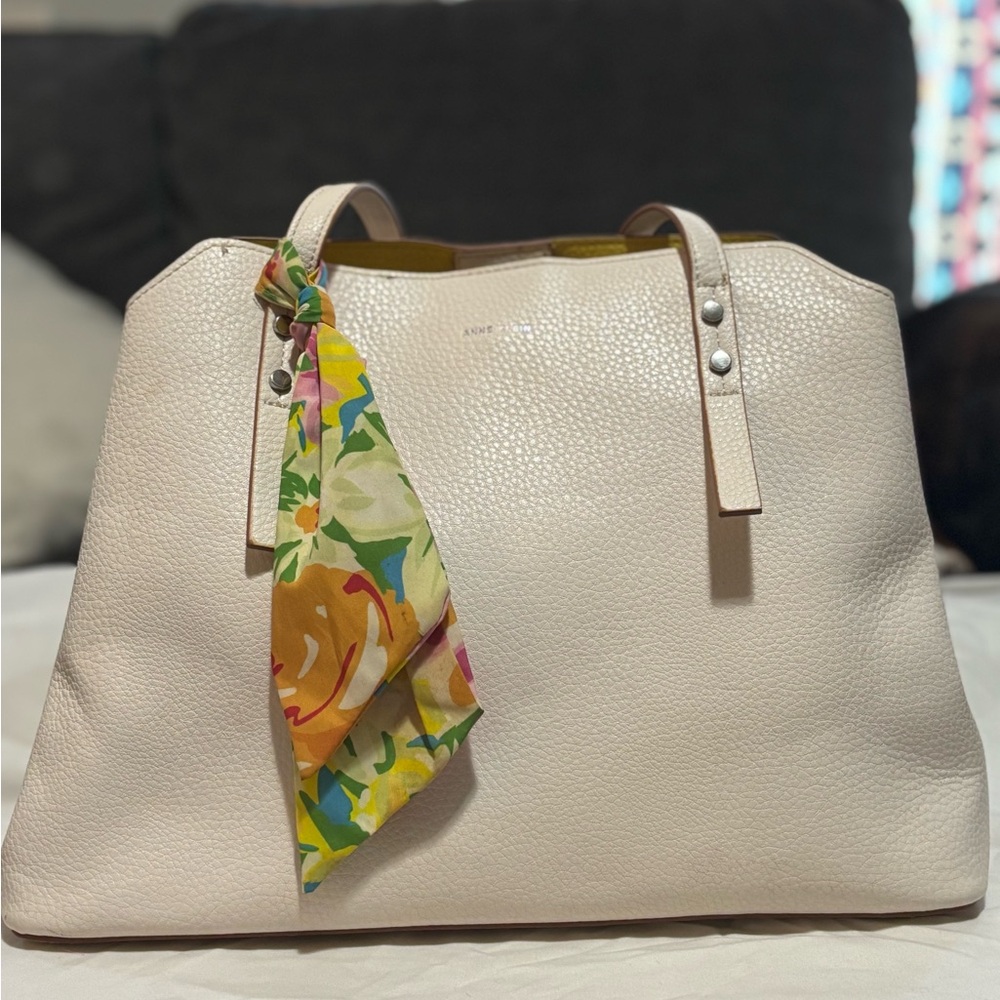 Anne Klien Cream Leather Tote with Silk Scarf Accent